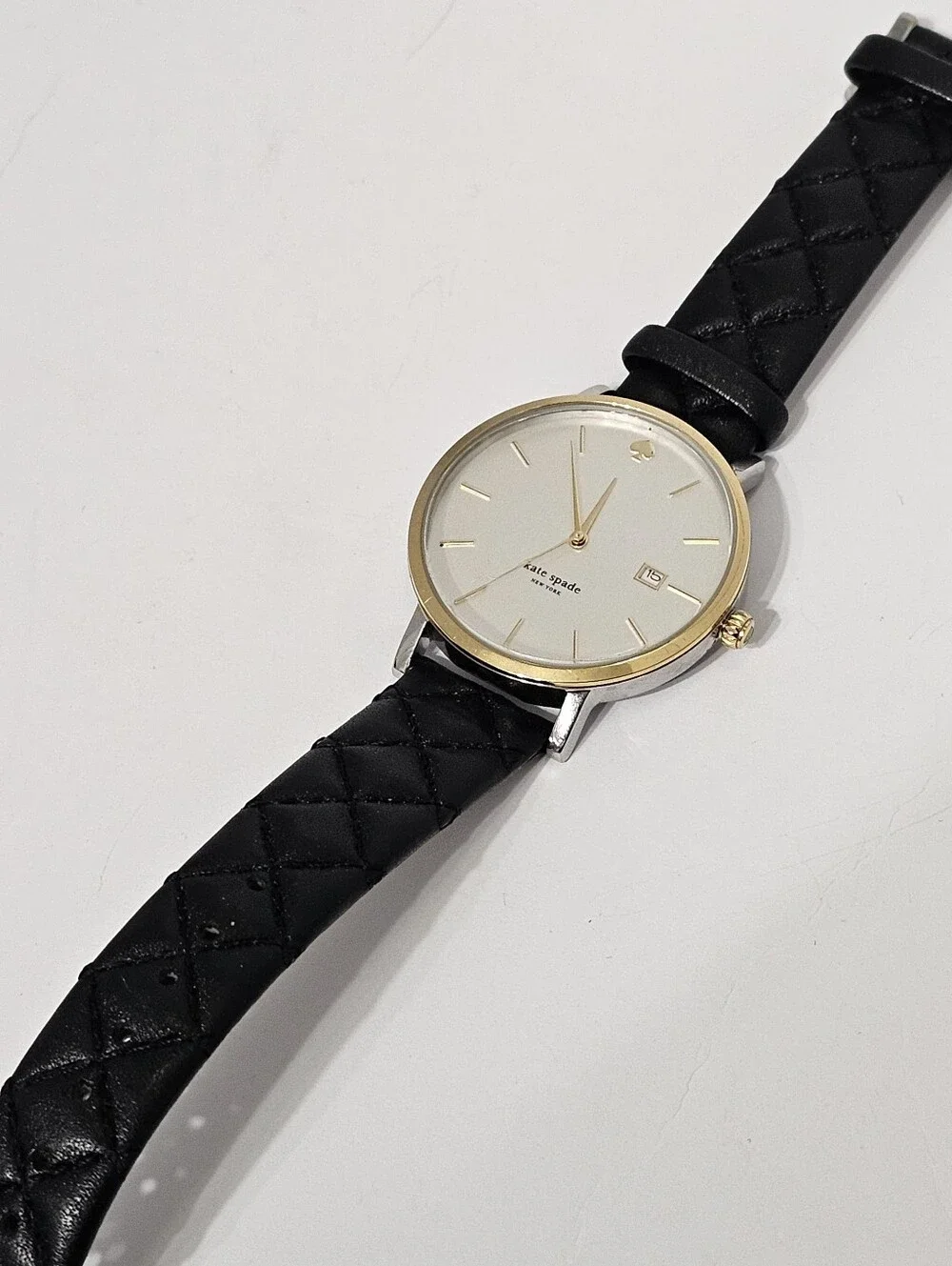 Kate Spade Metro Watch Two Tone Gold Black Quilted Leather Strap - Never Worn